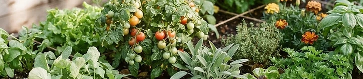 A raised garden bed with a wooden grid containing thriving rows of various green vegetables and trellised vines in a backyard.