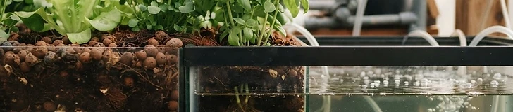 A close-up of vibrant green lettuce growing in an aquaponic raft system with clear water visible beneath.
