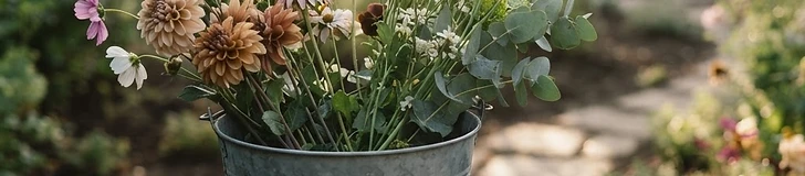 A pair of sharp garden shears cutting a colorful zinnia stem in a sunny flower bed with a bucket of water nearby.