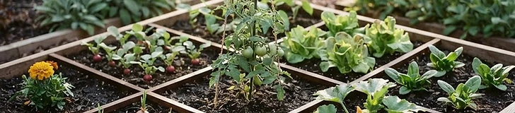 A wooden raised garden bed divided into neat one-foot grid squares with various small vegetable seedlings growing in each section.