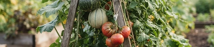 A close-up of a ripening cantaloupe melon suspended in a white fabric hammock tied to a sturdy wire garden trellis.