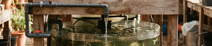 An aquaponic setup with a tank of fish below and leafy greens growing in a bed above, connected by pipes.