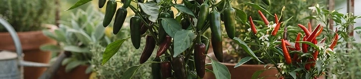 A vibrant assortment of colorful jalapeño and habanero plants growing in terra cotta pots on a wooden balcony deck.