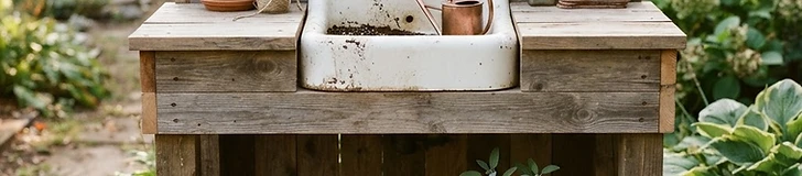 A rustic wooden potting bench featuring an inset stainless steel sink with a trowel and terracotta pots resting on the side workspace.