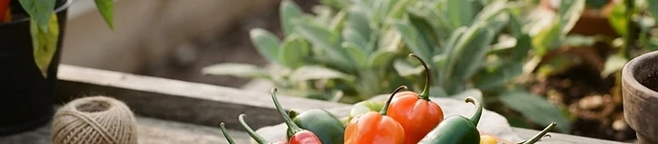 A close-up of a gardener's hand holding a variety of colorful hot peppers, including red, yellow, and green habaneros and serranos, against a blurred garden background.
