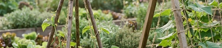 A gardener tying twine to the top of a bamboo teepee trellis in a raised garden bed during a sunny spring afternoon.