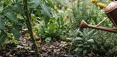A close-up of a gardener using a soaker hose to water the base of tomato plants in a raised bed with wood chip mulch.