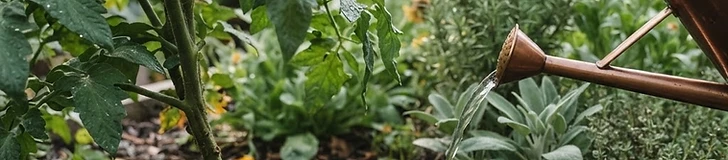 A close-up of a gardener using a soaker hose to water the base of tomato plants in a raised bed with wood chip mulch.