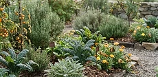 A diverse garden bed featuring a mix of colorful leafy kale, trellised peas, and small fruit bushes under a bright blue sky.