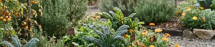 A diverse garden bed featuring a mix of colorful leafy kale, trellised peas, and small fruit bushes under a bright blue sky.
