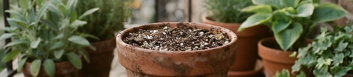 Close-up of a gardener's hands mixing dark, fluffy potting soil with white perlite in a large terracotta basin on a bright balcony.
