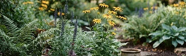 A close-up view of a flower garden featuring contrasting purple salvias and yellow rudbeckia blooming together in the sunlight.