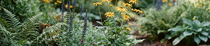 A close-up view of a flower garden featuring contrasting purple salvias and yellow rudbeckia blooming together in the sunlight.