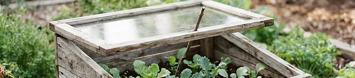 A weathered wooden cold frame with a clear glass top sits in a backyard garden bed filled with young green sprouts.