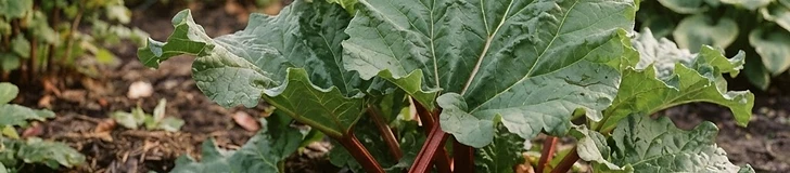 Freshly harvested vibrant red rhubarb stalks resting on a wooden garden table next to a metal spade.