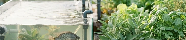 A close-up view of a clear backyard aquaponics tank with healthy green lettuce growing in gravel beds above, while shimmering fish swim beneath the surface.