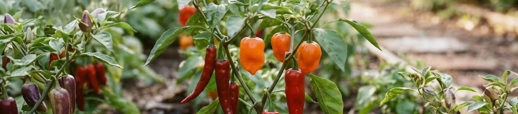 A rustic wooden table holding a vibrant harvest of fresh red and green jalapeño, serrano, and habanero peppers in a sunlit garden setting.