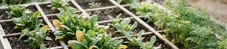 A close-up view of a raised garden bed with a wooden grid divider, showing rows of different leafy greens and vegetables growing in distinct square sections.