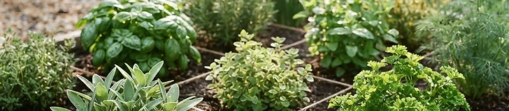 A close-up of a wooden square-foot garden bed filled with various vibrant green herbs like basil, parsley, and chives growing in distinct sections.