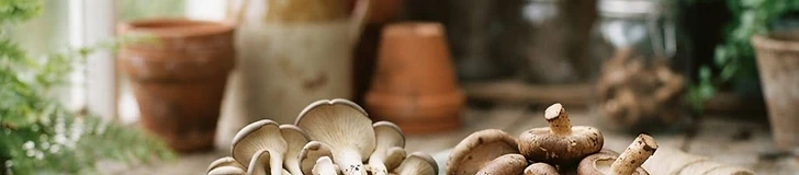 A person using a sharp knife to carefully harvest clusters of fresh oyster mushrooms from a wood-based growing block on a kitchen counter.