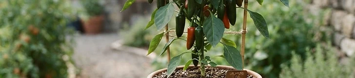 A variety of healthy pepper plants growing in different sizes of fabric grow bags and plastic pots on a sunny wooden deck.