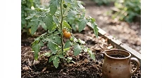 Close-up of a gardener holding a handful of dark, rich worm castings above a raised garden bed with green leafy vegetables.