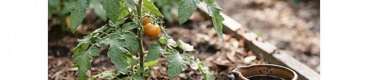 Close-up of a gardener holding a handful of dark, rich worm castings above a raised garden bed with green leafy vegetables.