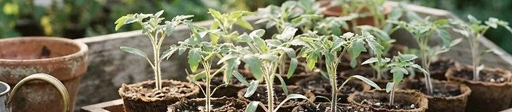 A tray of small tomato seedlings in biodegradable pots sitting on a wooden potting bench with a bag of soil and a small trowel nearby.