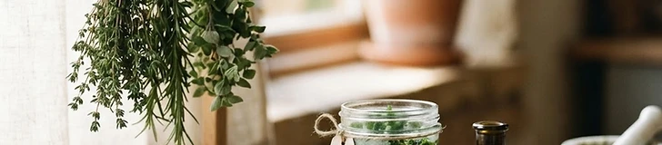A collection of fresh garden herbs tied in bundles hanging to dry next to glass jars filled with dried leaves and herb-infused oils on a wooden kitchen counter.