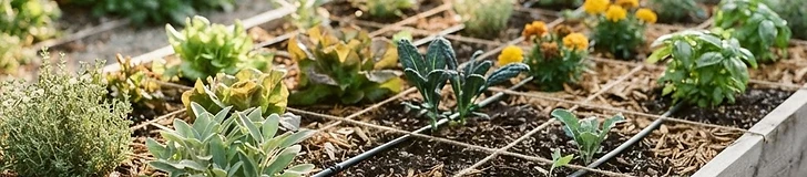 A close-up view of a garden bed with wooden dividers showing drip irrigation lines running between rows of young vegetables and covered in thick organic mulch.
