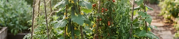 A sturdy wooden A-frame trellis centered in a raised garden bed with lush green cucumber vines climbing up the netting.