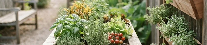 An older gardener sits in a comfortable chair while tending to a waist-high wooden planter box filled with vibrant herbs and leafy greens on a sunny patio.