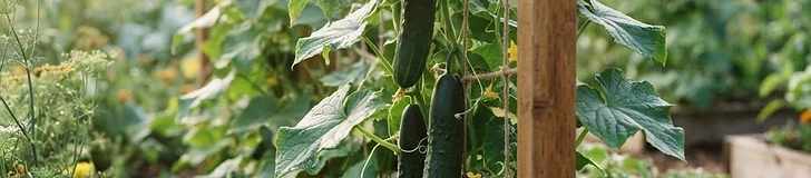 Close up of vibrant green cucumber vines climbing a metal cattle panel trellis in a sunny backyard vegetable patch.