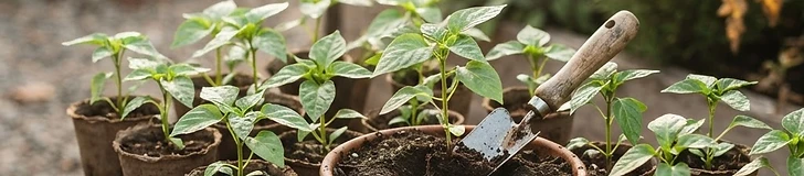 A gardener carefully planting a young pepper transplant into rich, dark garden soil on a sunny spring day.