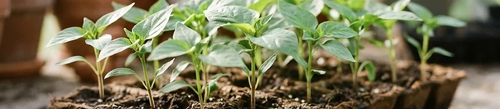Close-up of vibrant green pepper seedlings growing in a plastic cell tray under bright indoor grow lights.