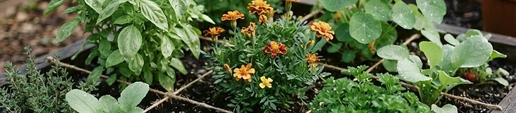 A close-up view of a garden bed featuring a small tomato plant surrounded by leafy green herbs and bright orange marigold flowers in a wooden grid frame.