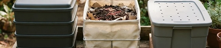Three different types of worm bins sitting on a wooden deck next to a lush vegetable garden.