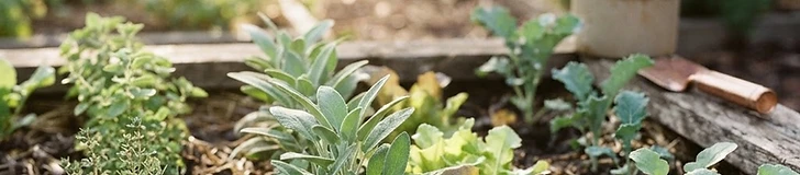 A gardener holds a soil thermometer in a raised garden bed during a sunny spring afternoon while colorful seed packets sit on a wooden table nearby.