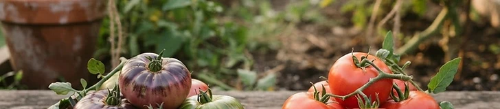 A close-up of a gardener holding a red heirloom tomato and a vibrant yellow hybrid tomato side-by-side in a sunlit garden.