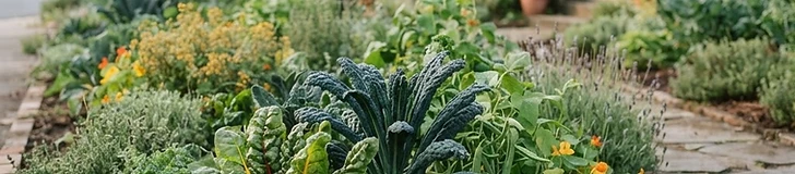 A front yard garden featuring a mix of colorful kale, blooming chives, and neat raised wood beds mulched with dark cedar chips.