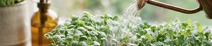 A close-up view of a person using a plastic squeeze bottle to add water to the base of a black nursery tray containing vibrant green microgreens.