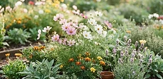 A vibrant garden bed featuring a mix of bright zinnias, delicate white sweet alyssum, and tall spikes of dill growing in rich, dark soil.