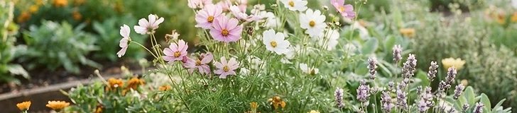 A vibrant garden bed featuring a mix of bright zinnias, delicate white sweet alyssum, and tall spikes of dill growing in rich, dark soil.