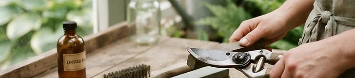 A close-up of a gardener using a metal file to sharpen the blade of a bypass pruner on a wooden workbench.