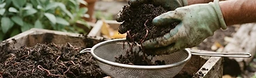 A close-up view of a pair of gardening gloves holding a handful of dark, crumbly worm castings above a wooden compost bin.