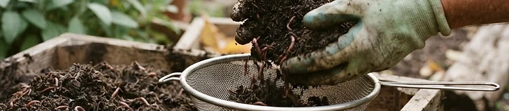 A close-up view of a pair of gardening gloves holding a handful of dark, crumbly worm castings above a wooden compost bin.