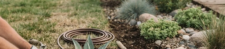 A partially converted garden space showing a section of dying grass being covered by cardboard and mulch next to a finished bed of gravel and succulents.