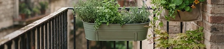 A modern balcony featuring a metal railing equipped with several colorful rectangular planters filled with vibrant flowers and trailing herbs.