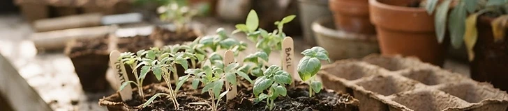 A close up view of a gardener filling plastic seed starting cells with dark, fluffy soil mix using a small hand trowel.