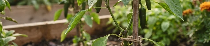 A close-up of a vibrant green bell pepper plant being carefully tied to a sturdy wooden garden stake with soft twine in a raised garden bed.